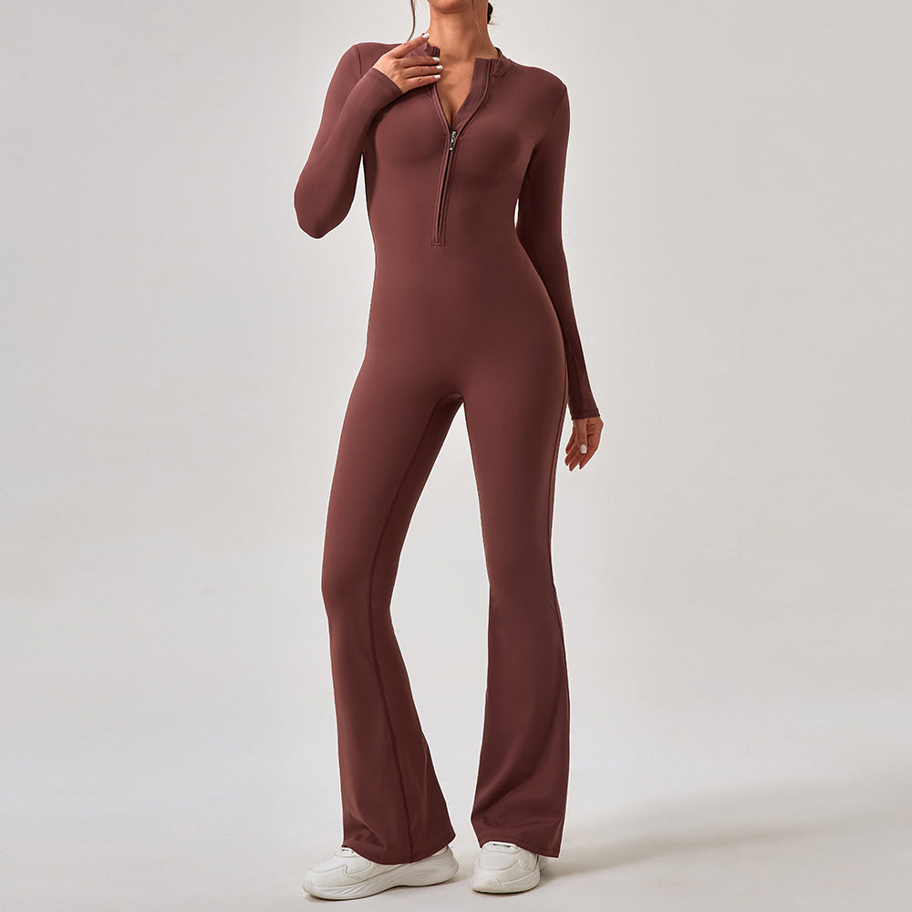 Brown long-sleeved zip-front jumpsuit with flared legs in Comfy One Piece Sportswear fashion