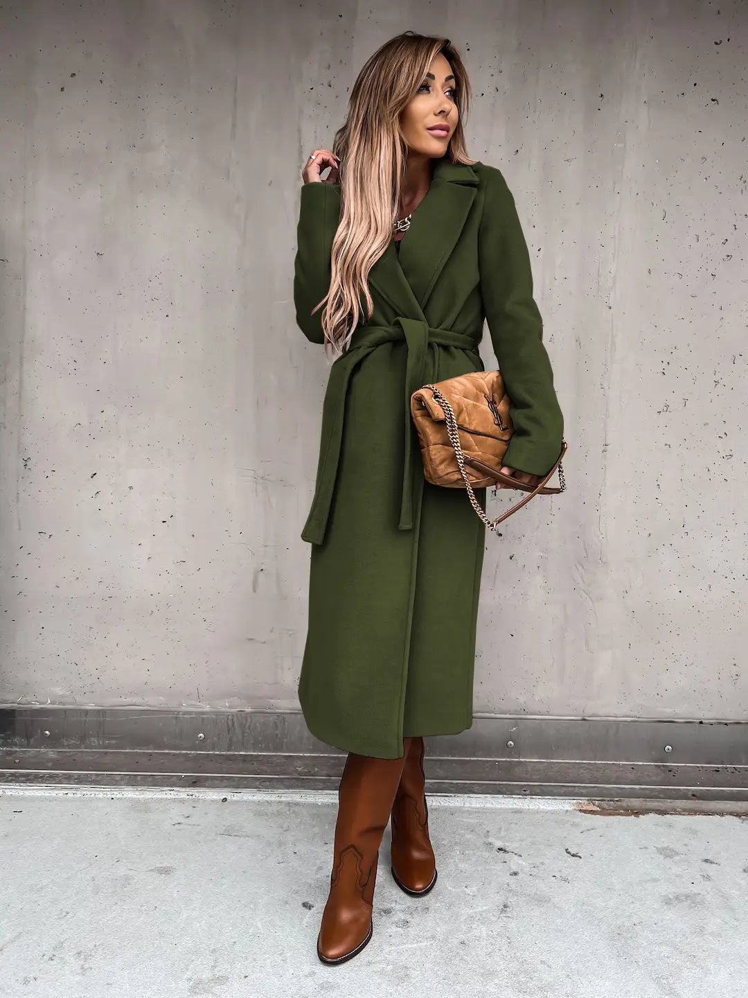 Army Green Polo Collar Long Sleeved Top with Belted Closure