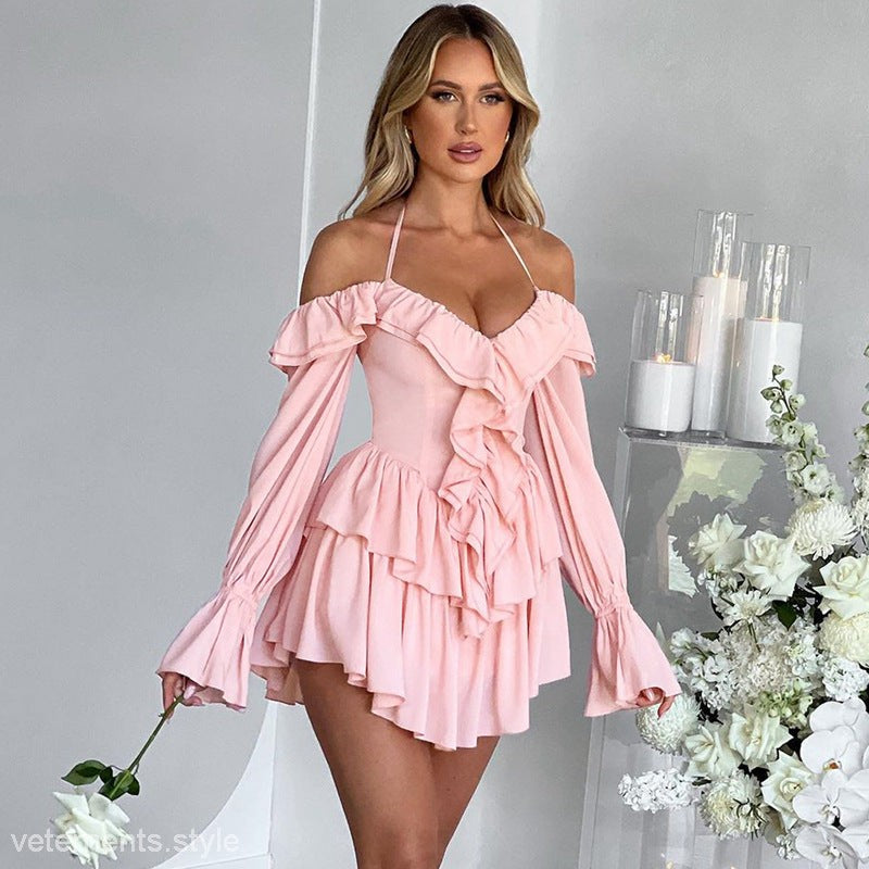 SEXY HALTER LOW CUT RUFFLED DRESS-VETEMENTS 