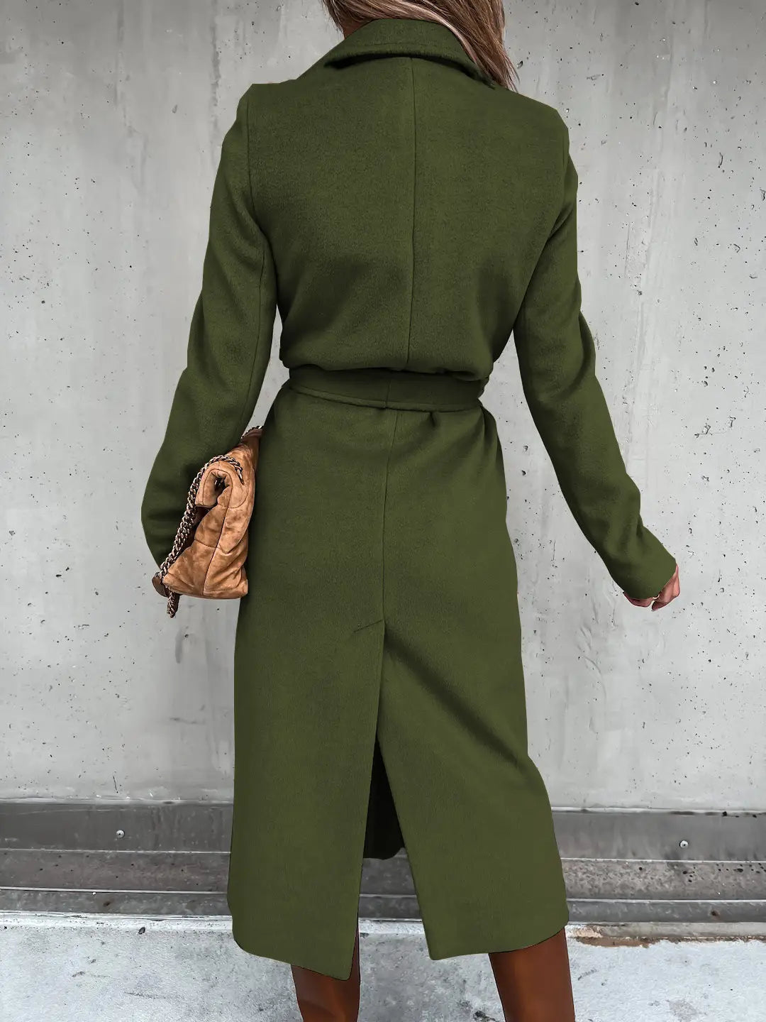 Army Green Polo Collar Long Sleeved Top with Belted Closure