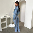 Double denim outfit featuring Vintage Pocket Washed Jeans, styled with a white handbag