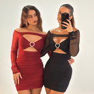 Two form-fitting off shoulder dresses in red and black with heart-shaped cutouts, langry fashion