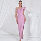 Pink one-shoulder evening gown with ruffles and side slit for elegant fashion occasions