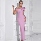 Pink off-shoulder bodycon evening gown with ruffles, perfect for fashion and ملابس styles