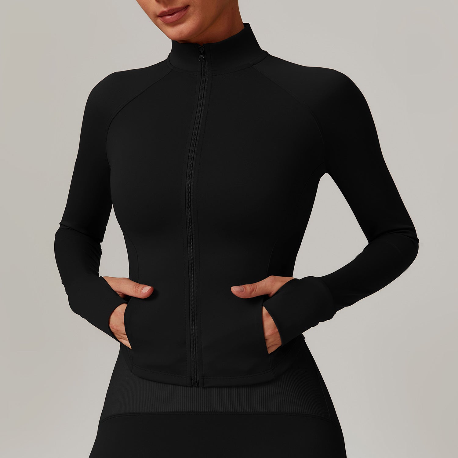 Black turtleneck athletic jacket with pockets, stylish langry sports apparel for yoga