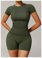 Olive green athletic set featuring Thread Seamless Short Sleeved T Shirt Yoga for stylish fitness ملابس