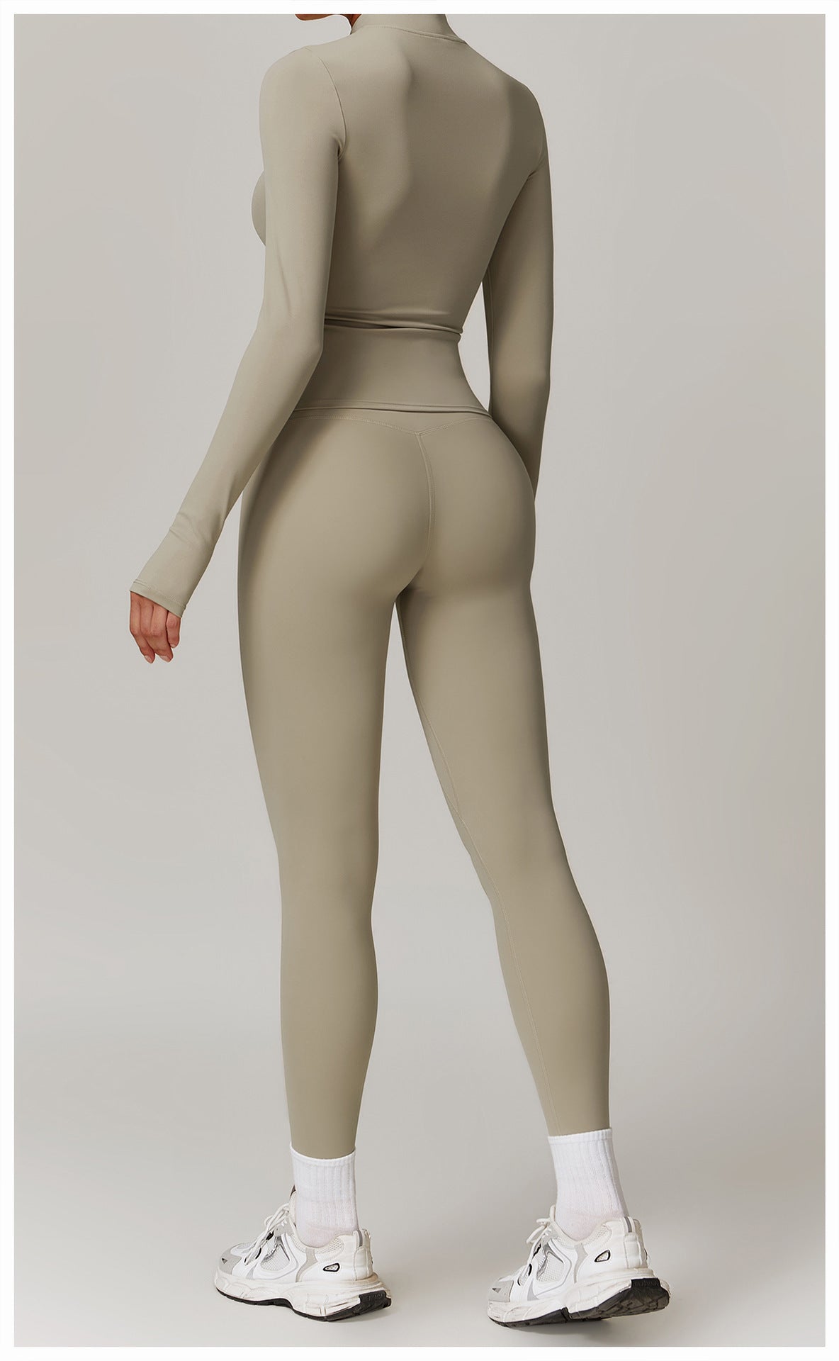 Beige long-sleeved athletic bodysuit and leggings for outdoor running sports fitness suit