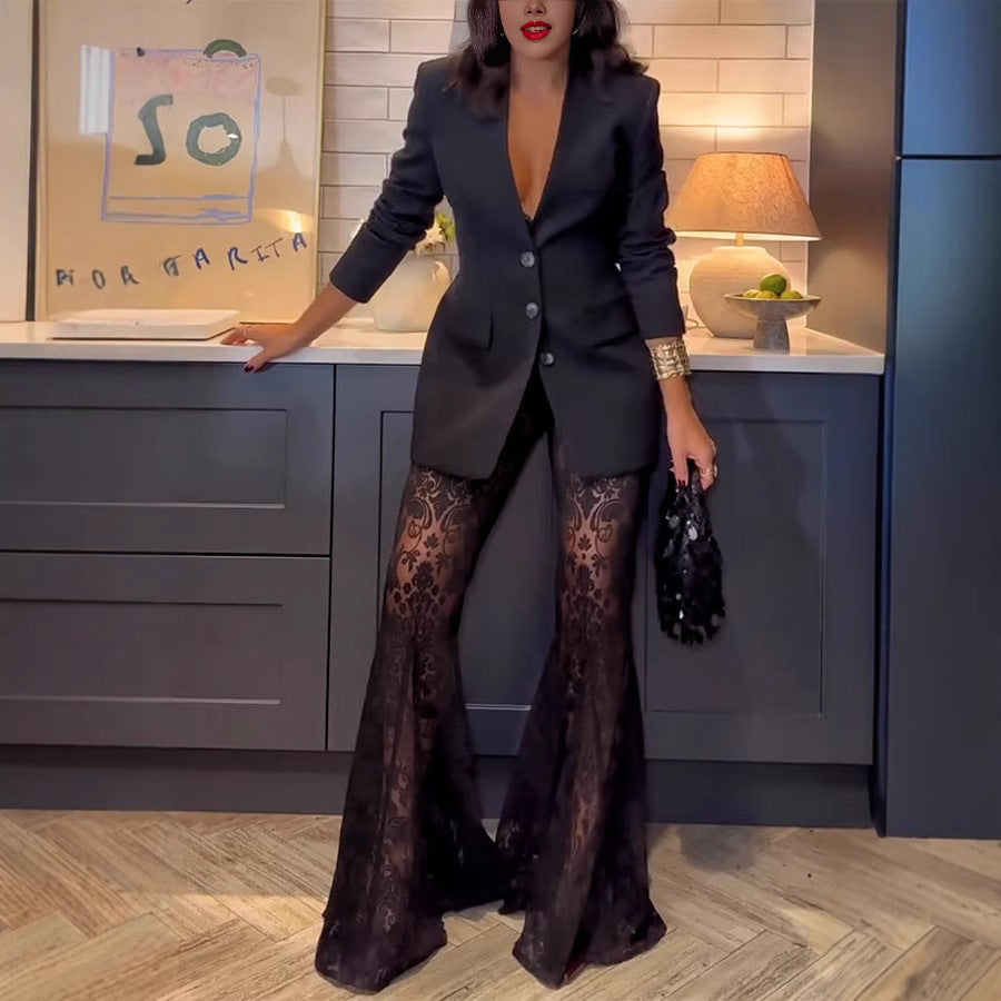 Woman in black blazer and lace pants showcasing Langry fashion casual two-piece set