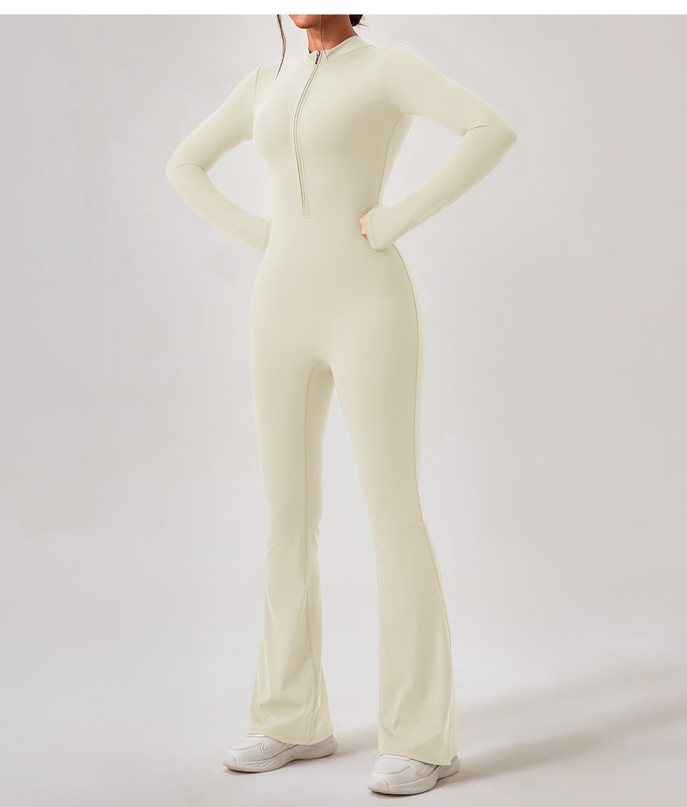 Cream-colored zip-front jumpsuit with flared legs, perfect for casual fashion ملابس