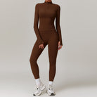 Brown turtleneck bodysuit with leggings and sneakers in Outdoor Running Sports Fitness Suit