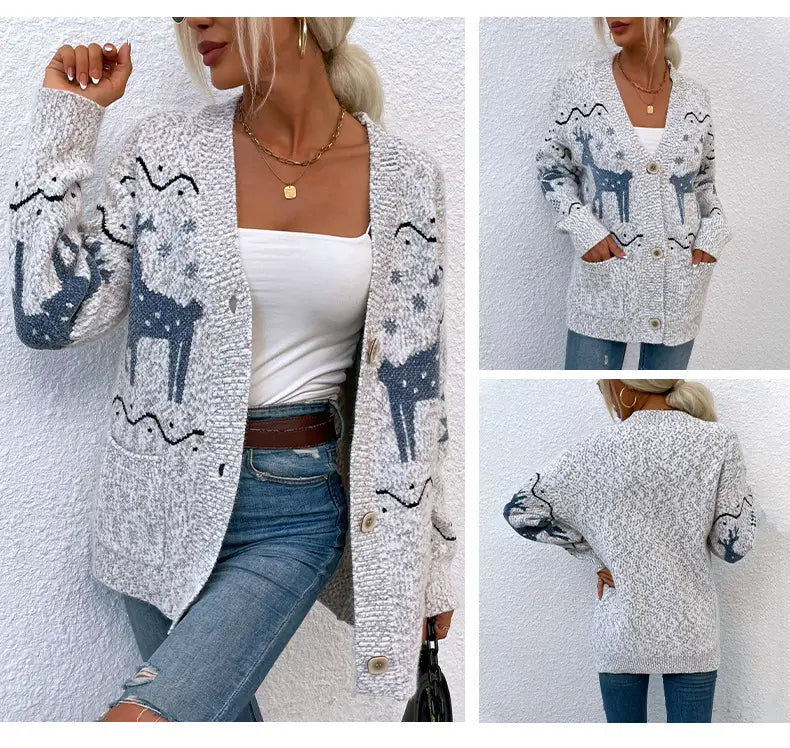 Christmas Deer Cardigan Sweater in 100% Polyester Fiber