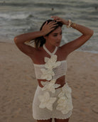 Elegant White Crochet Beach Holiday Halter Floral Dress, perfect for summer fashion