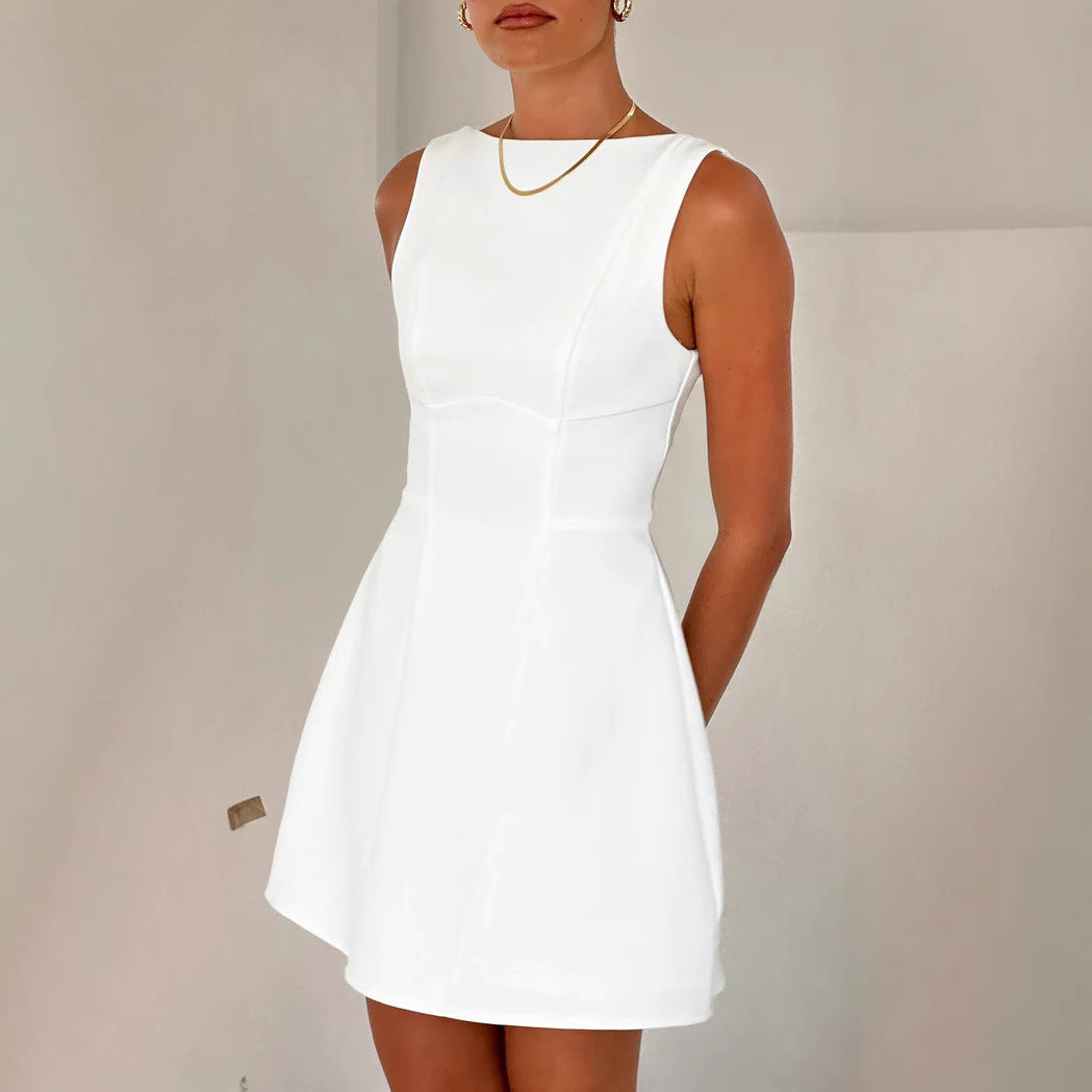 White sleeveless mini dress, part of an Elegant Turtleneck Backless Dress collection