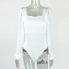 White long-sleeved bodysuit with square neckline and lantern sleeve design in fashion collection