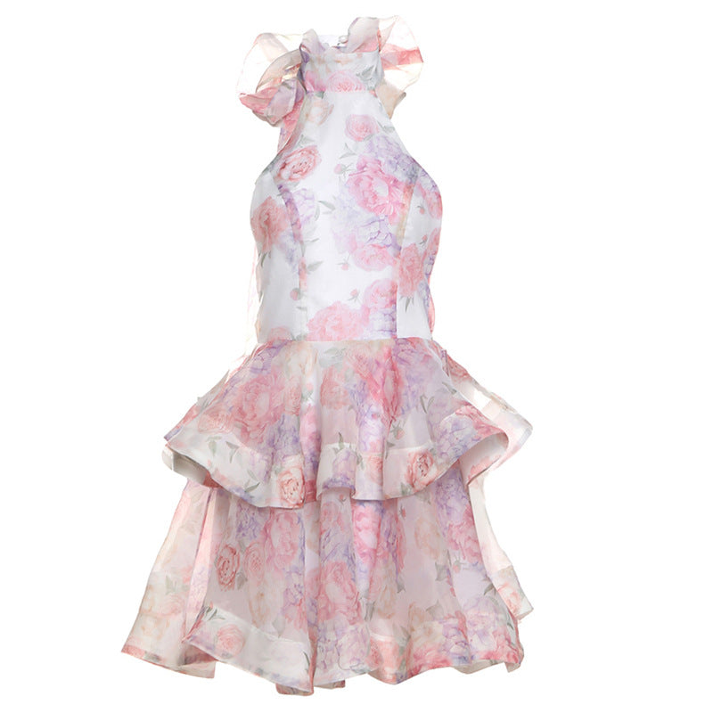 Floral halter dress with tiered ruffles in pink and white for exquisite fashion ملابس