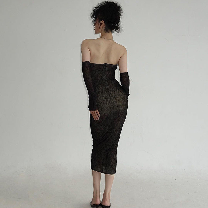 Strapless black lace midi dress with long gloves, perfect for elegant fashion occasions