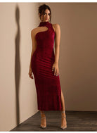 Burgundy velvet one-shoulder midi dress by Attractive Hollowed Sleeveless Dress in fashion