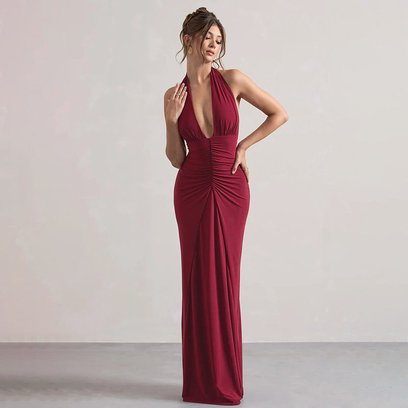 Elegant burgundy halter evening gown with ruched detailing in Resplendent Slim Fit Dress fashion