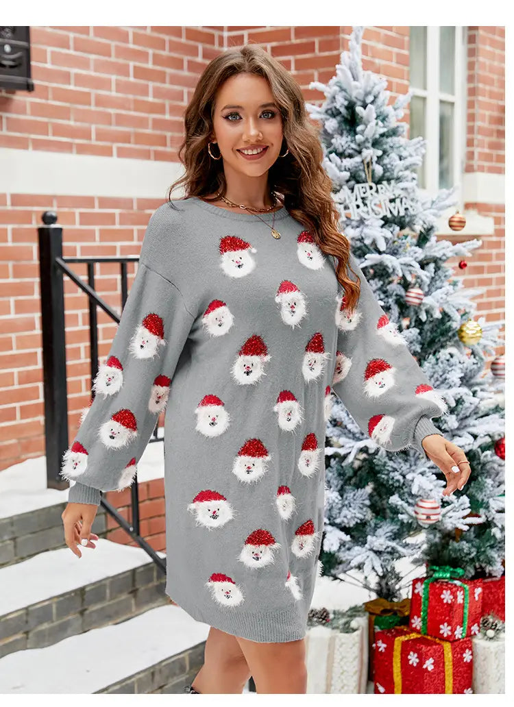 Casual Long Sleeve Polyester Christmas Sweater Dress in Black Pink or Green