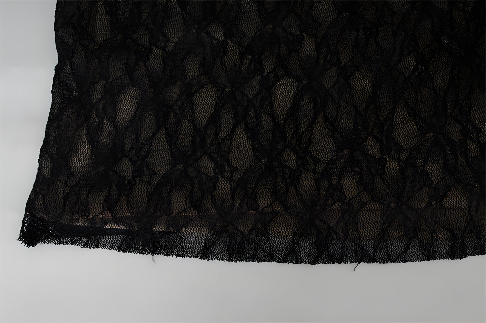 Black lace fabric with floral pattern featured in Stunning Pure Lace Dress for elegant fashion