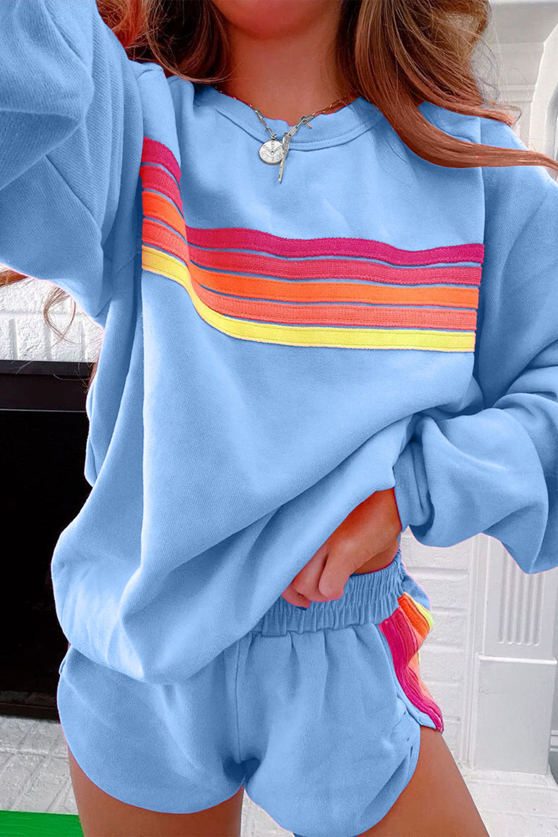 Light blue sweatshirt with rainbow retro stripes in Langry’s Loose Slim Fit Casual Sets