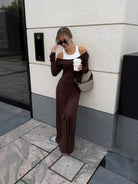 Long brown bodycon dress with a white tank top, perfect for trendy fashion ملابس