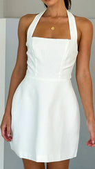 White halter-neck mini dress from Gorgeous Short Halter Dress, stylish langry fashion ملابس