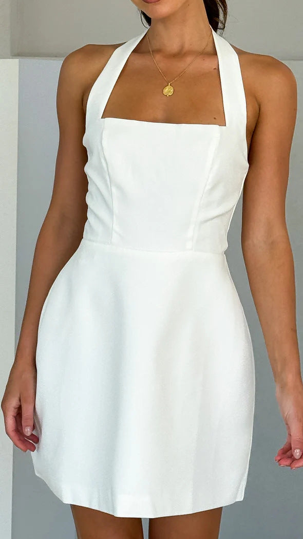 White halter-neck mini dress from Gorgeous Short Halter Dress, stylish langry fashion ملابس