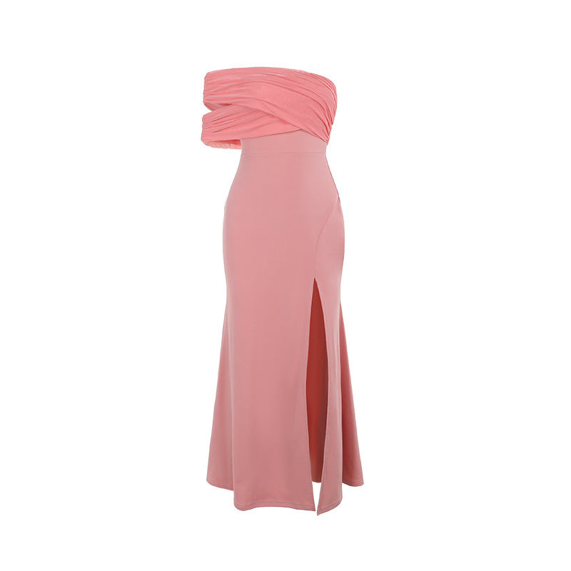 Pink Off-the-shoulder Enchanting Mesh Stitching Split Dress for elegant fashion appeal