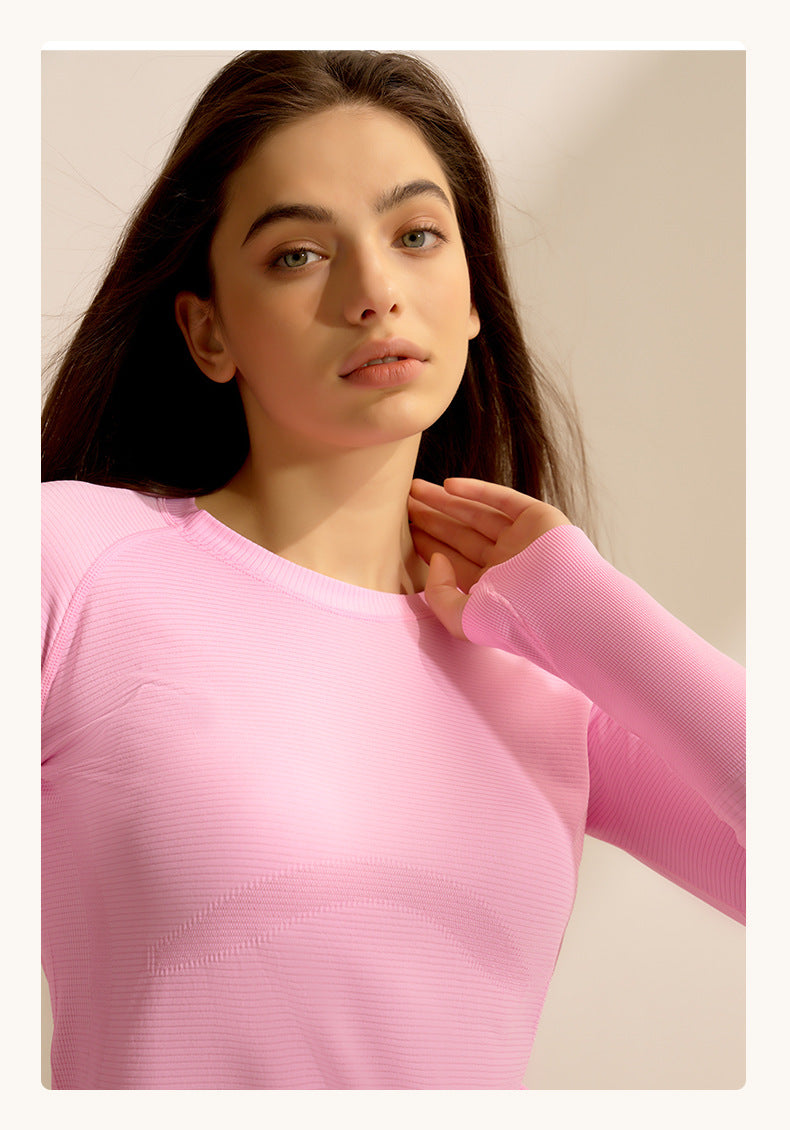 Pink long-sleeved crew neck sweater, ideal for fitness and stylish langry ملابس