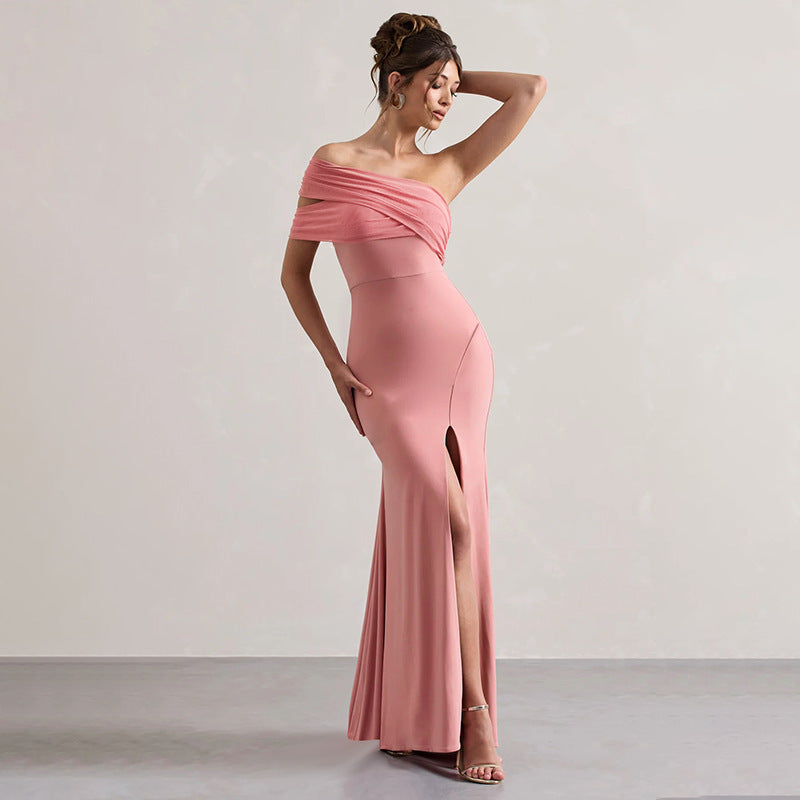 Elegant pink off-the-shoulder gown featured in Enchanting Mesh Stitching Split Dress fashion