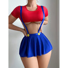 Pleated blue suspender skirt with yellow buttons and red crop top for trendy fashion ملابس