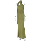 Olive green halter maxi dress from Beautiful Slim Fit Long Ribbon Dress, elegant fashion ملابس