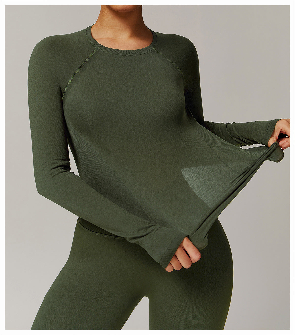 Olive green long sleeve athletic shirt and leggings for fashionable running sports