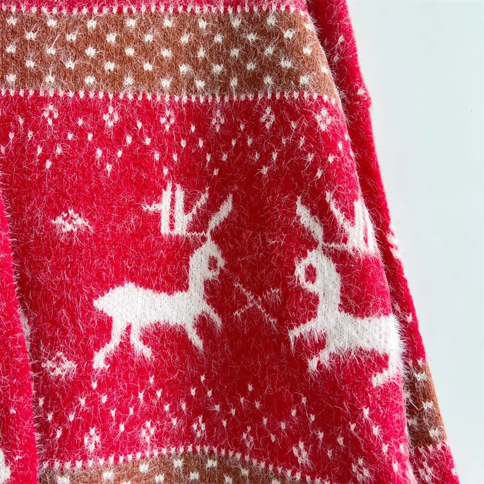 Deer Snowflake Jacquard Christmas Sweater with Red Ribbon Scarf Detail