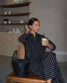 Striped black and white long-sleeved collar dress from the Office Elegant Wide Leg Pants Set