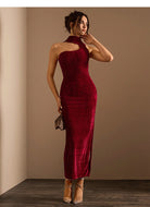 Burgundy velvet one-shoulder dress showcasing sophisticated langry fashion ملابس