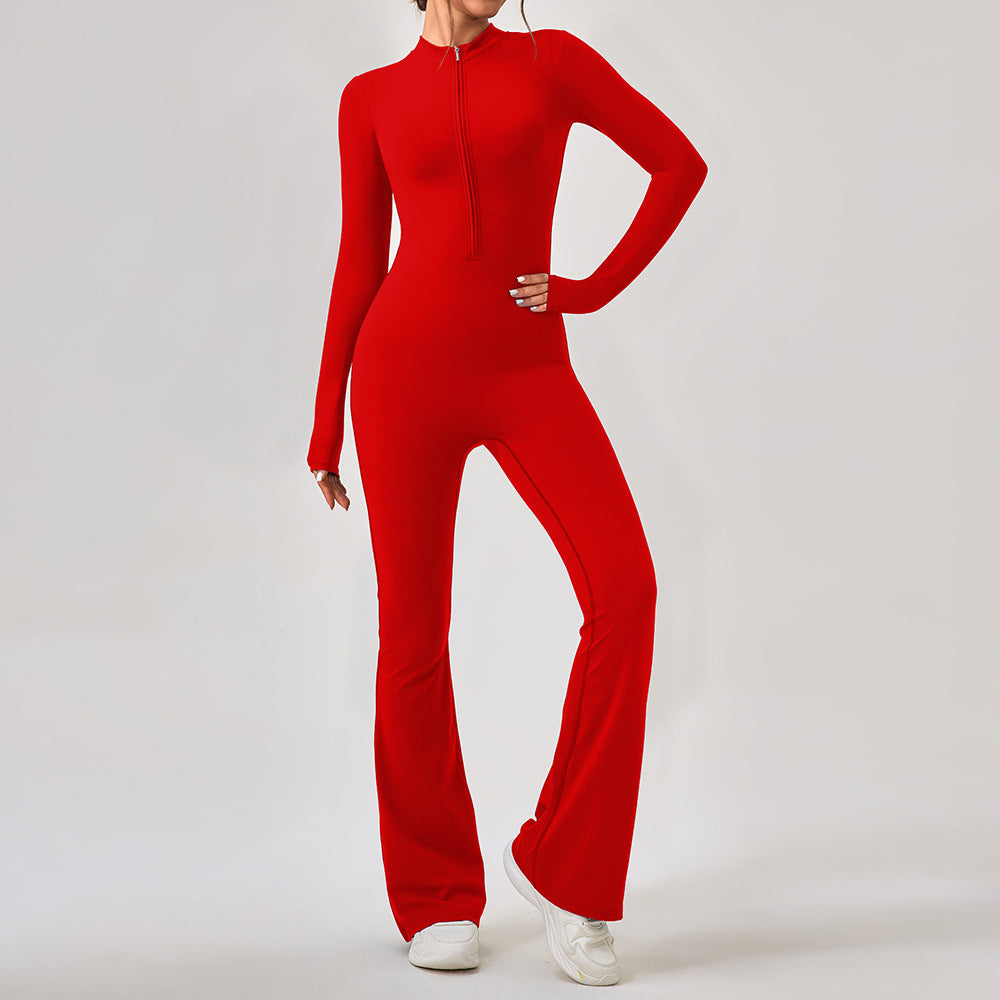 Red long-sleeved zip-front jumpsuit with flared legs, a stylish choice in ملابس fashion