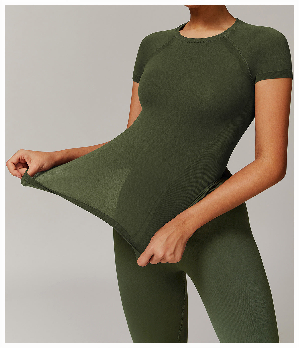 Olive green Thread Seamless Short Sleeved T-shirt yoga set for stylish athletic wear ملابس