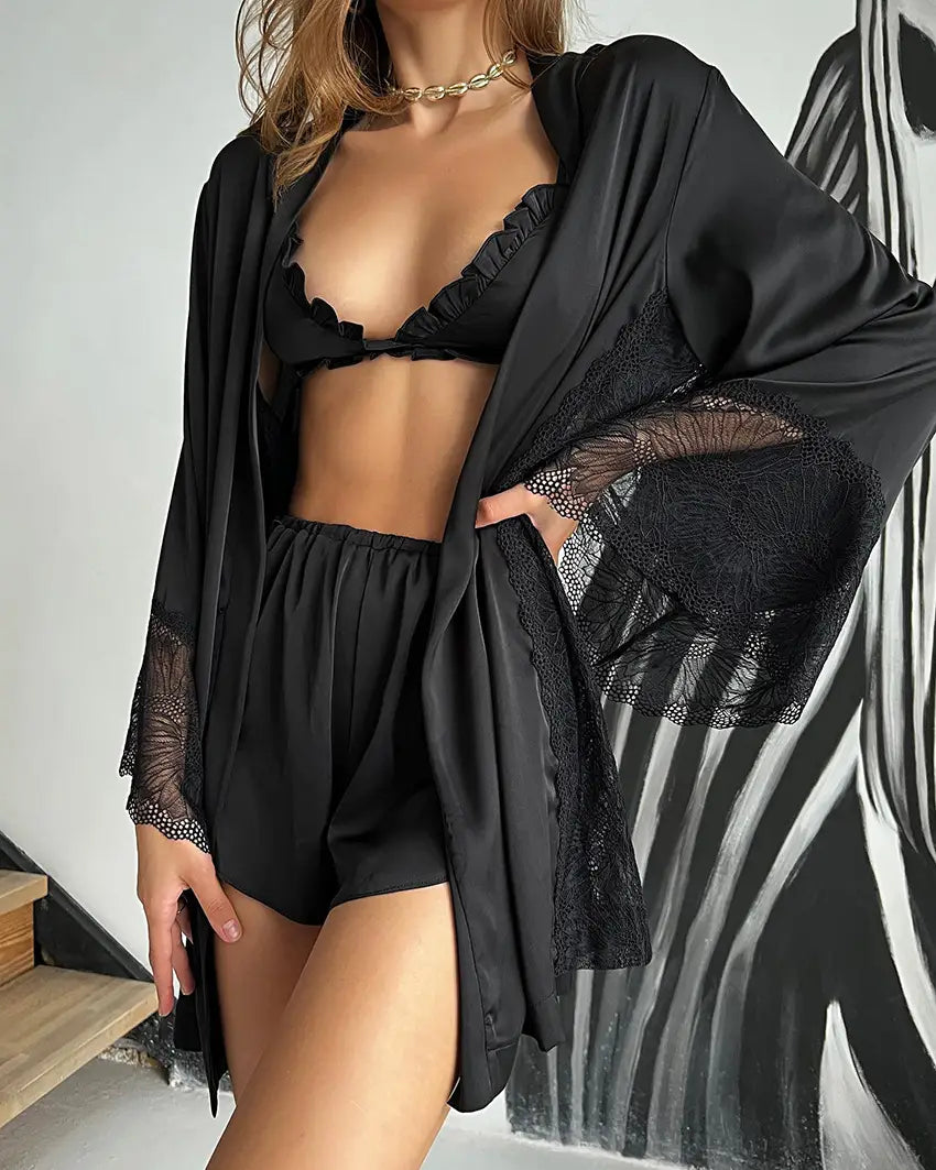 Winter Sexy Stitching Silk-Like Satin Lounge Set with Belted Sleeves