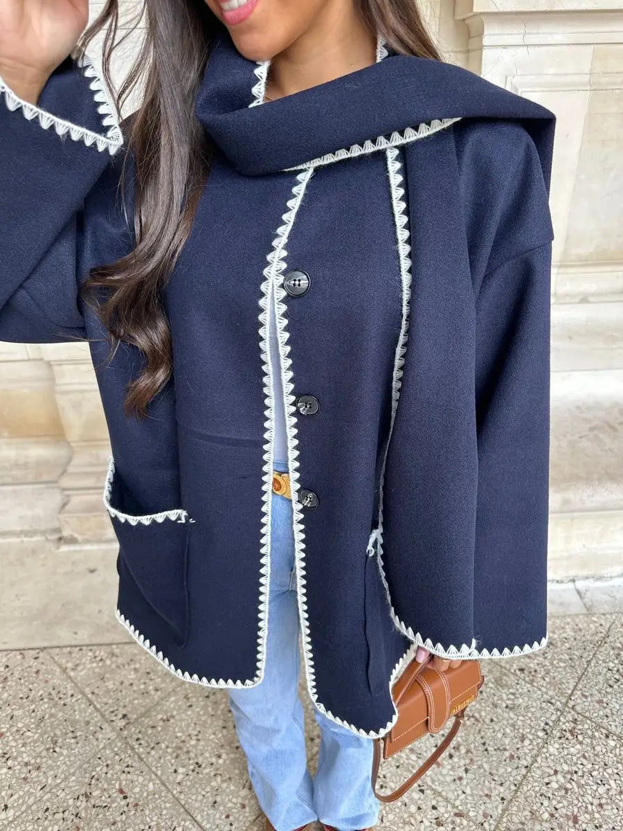 Casual Loose Polyester Button Top for Fall/Winter with Scarf Woolen Coat