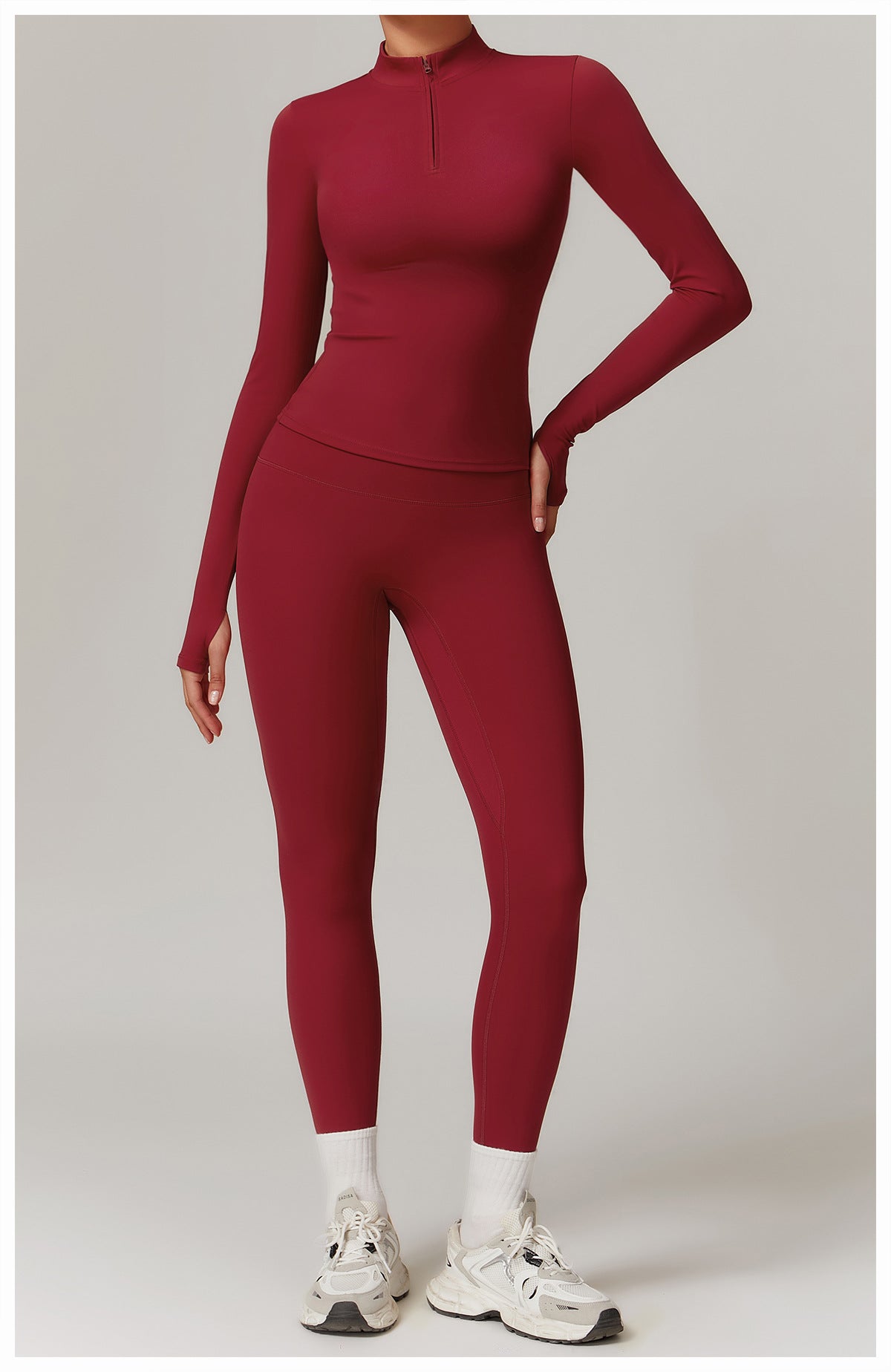 Burgundy long-sleeved athletic jumpsuit for outdoor running sports fashion ملابس