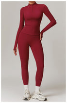 Burgundy long-sleeved athletic jumpsuit for outdoor running sports fashion ملابس