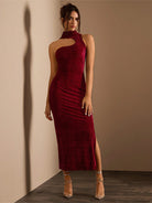 Burgundy velvet one-shoulder dress suitable for elegant fashion occasions and ملابس