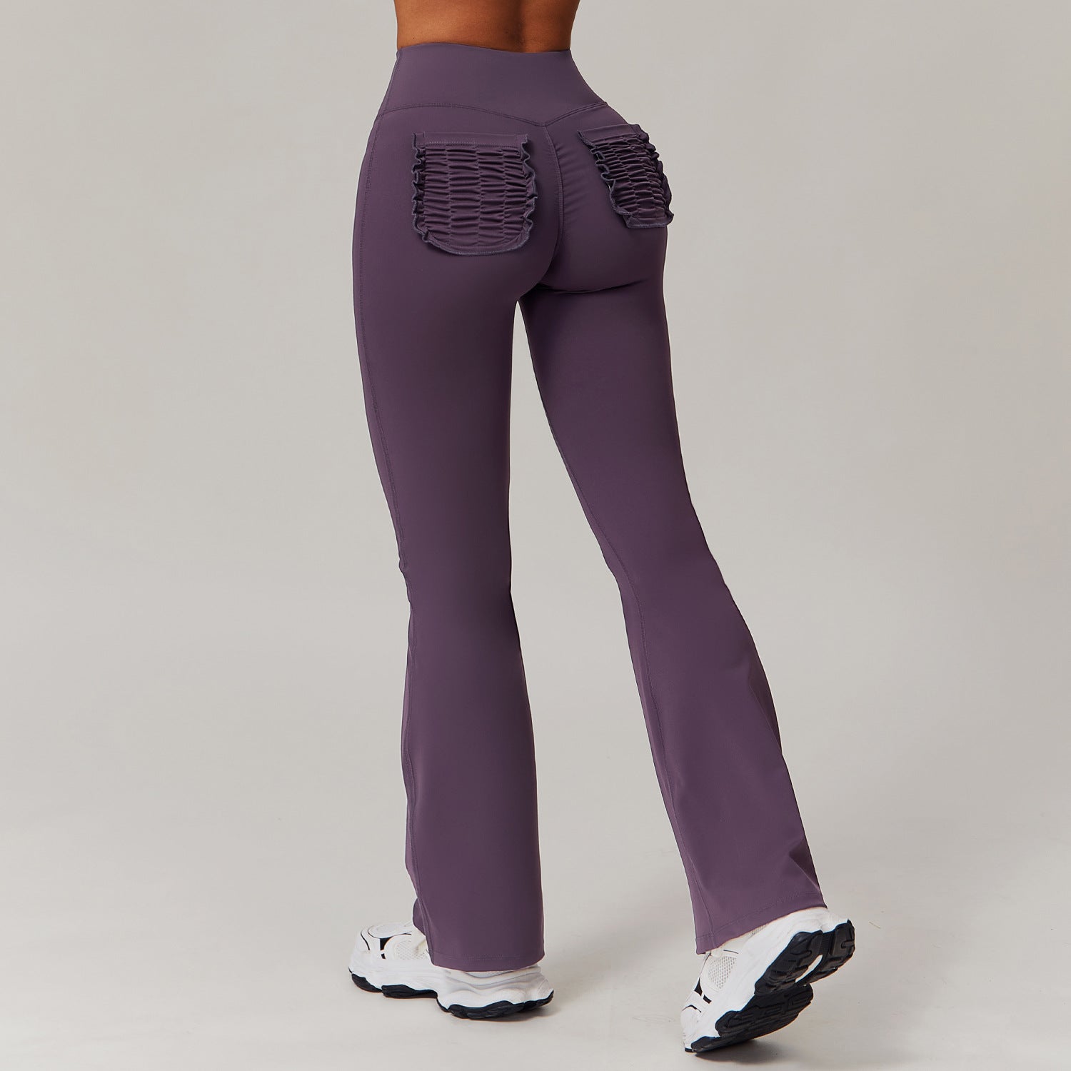 Purple flared leggings with ruched pockets for stylish casual sports trousers fashion