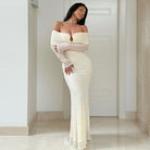 Off-shoulder white lace mermaid gown with long sleeves for elegant fashion choices