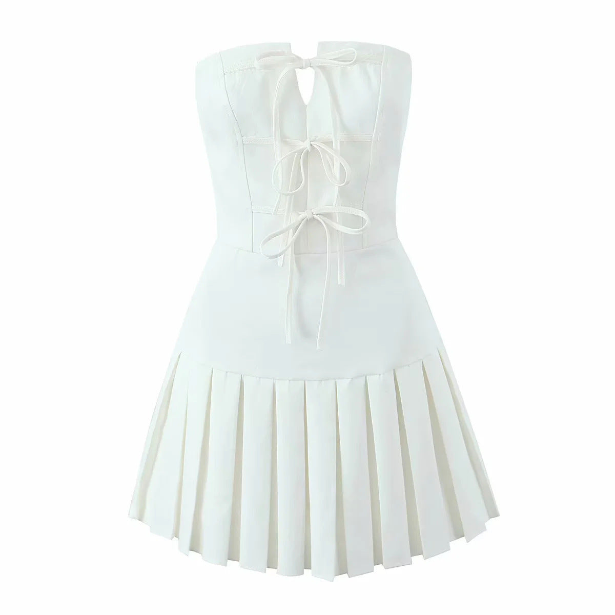 White strapless mini dress with pleated skirt and lace-up bodice for elegant fashion choices