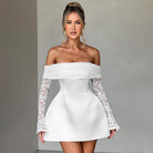 White off-shoulder mini A line dress with lace sleeves and flared skirt for chic fashion