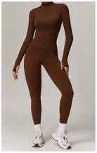 Brown long-sleeved athletic jumpsuit with white socks and sneakers for Outdoor Running Fitness