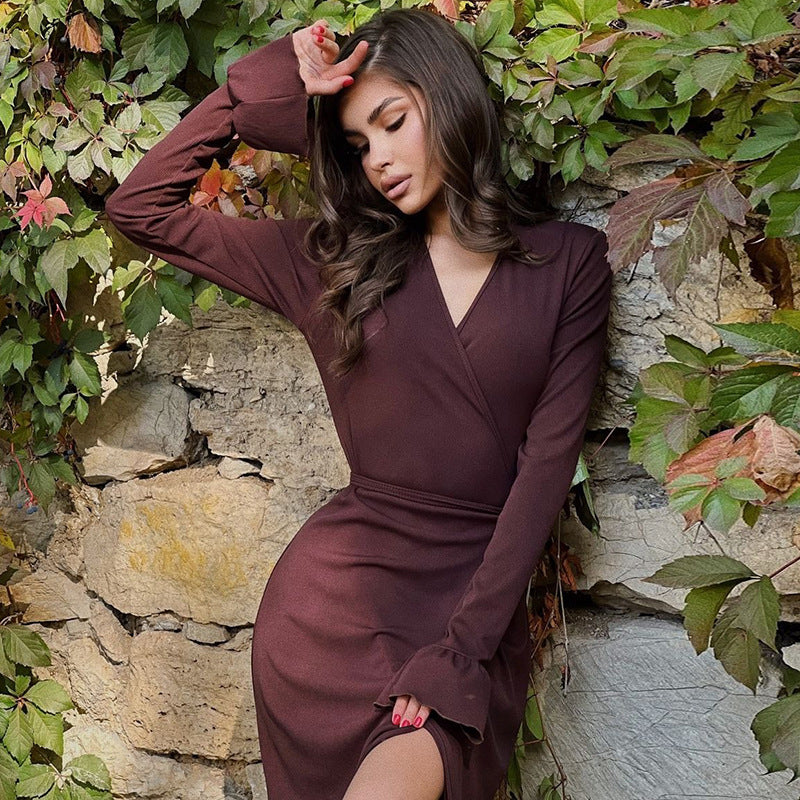 Burgundy wrap dress with long sleeves and side slit for elegant fashion wear